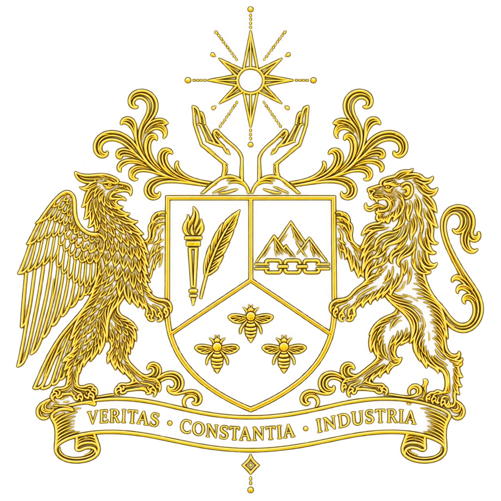 The Galvis coat of arms, with a griffin and lion supporting a shield beneath a radiant star